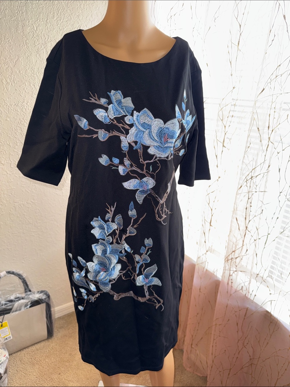 Context Black Midi Dress with Blue Floral Embroidery